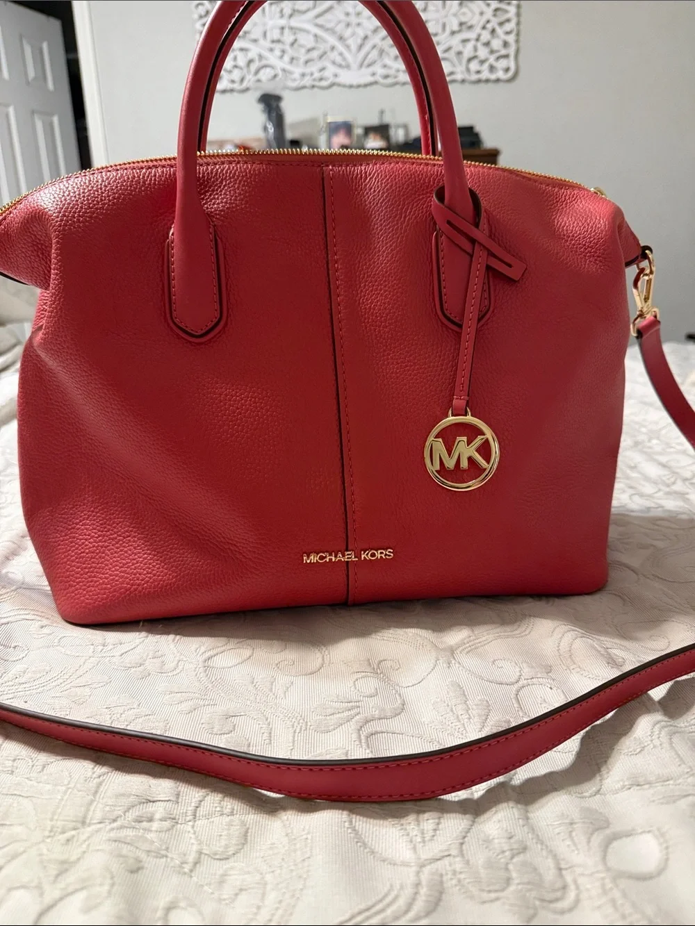 Michael Kors Red Pebbled Leather Satchel with Gold MK Charm